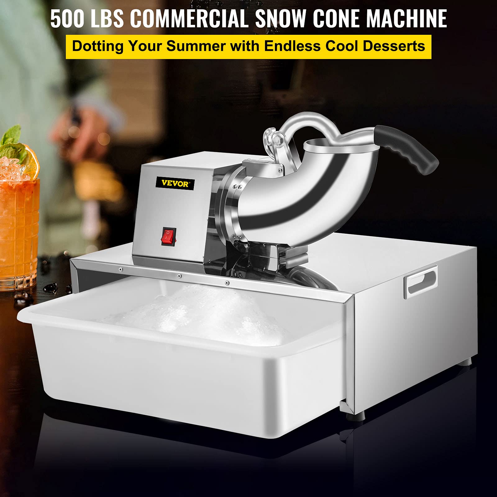 Vevor 110V Commercial Snow Cone Machine, 500Lb/H Commercial Snow Cone Maker, Electric Shaved Ice Machine W/Dual Blades, Stainles